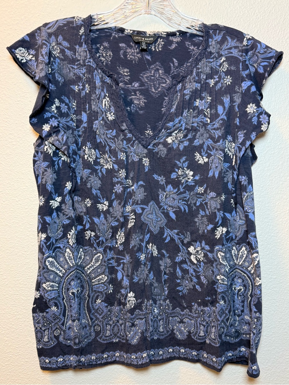 Lucky women’s navy blue notch-neck ruffle top size SP